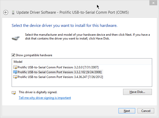 How to install Prolific USB to Serial driver on Windows 8